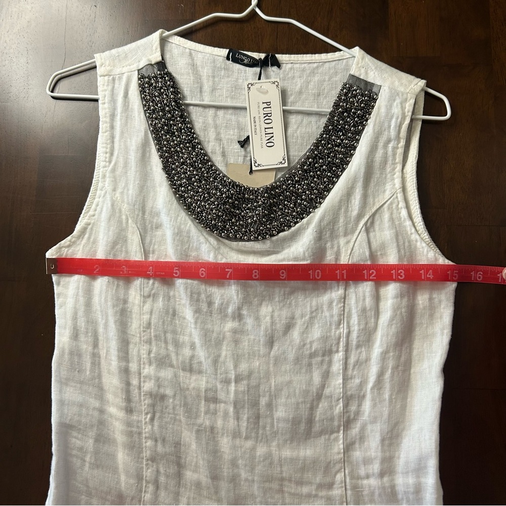 Lungo L'Arno NWT White Beaded 100% Linen Tank Blouse Made In Italy Size Small - Picture 12 of 13
